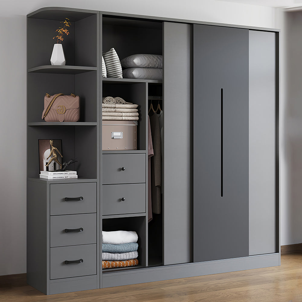 Modern Bedroom Gray Sliding Door Wardrobe with Storage Drawers